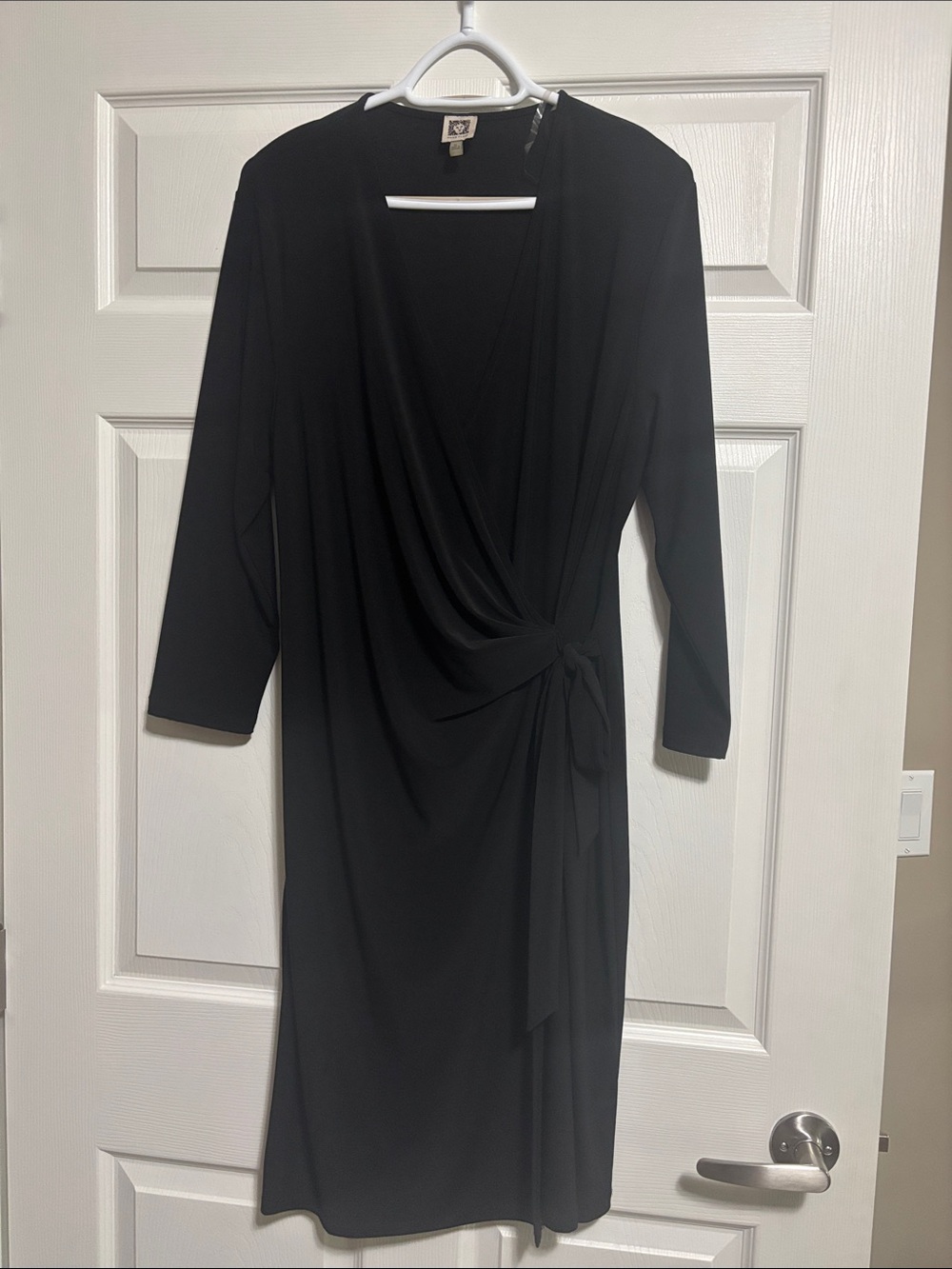 Anne Klein Black Long-Sleeve Faux-Wrap Dress with Side Tie